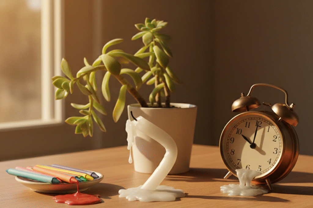 Creative image showing melting plant pot and clock on table representing extreme heat and hot weather humor.
