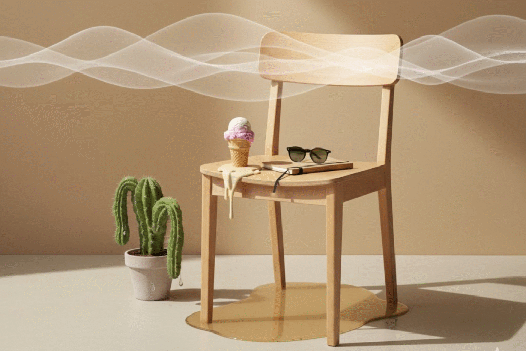 Melting ice cream on wooden chair with cactus and sunglasses showing summer heat concept and hot temperature theme